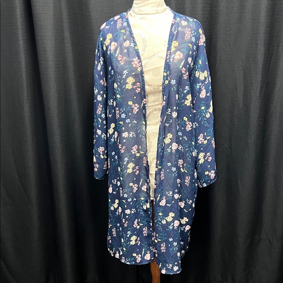 Massini Tops - Massini Navy Floral Sheer Open Front Cardigan with Pink & Yellow Blooms